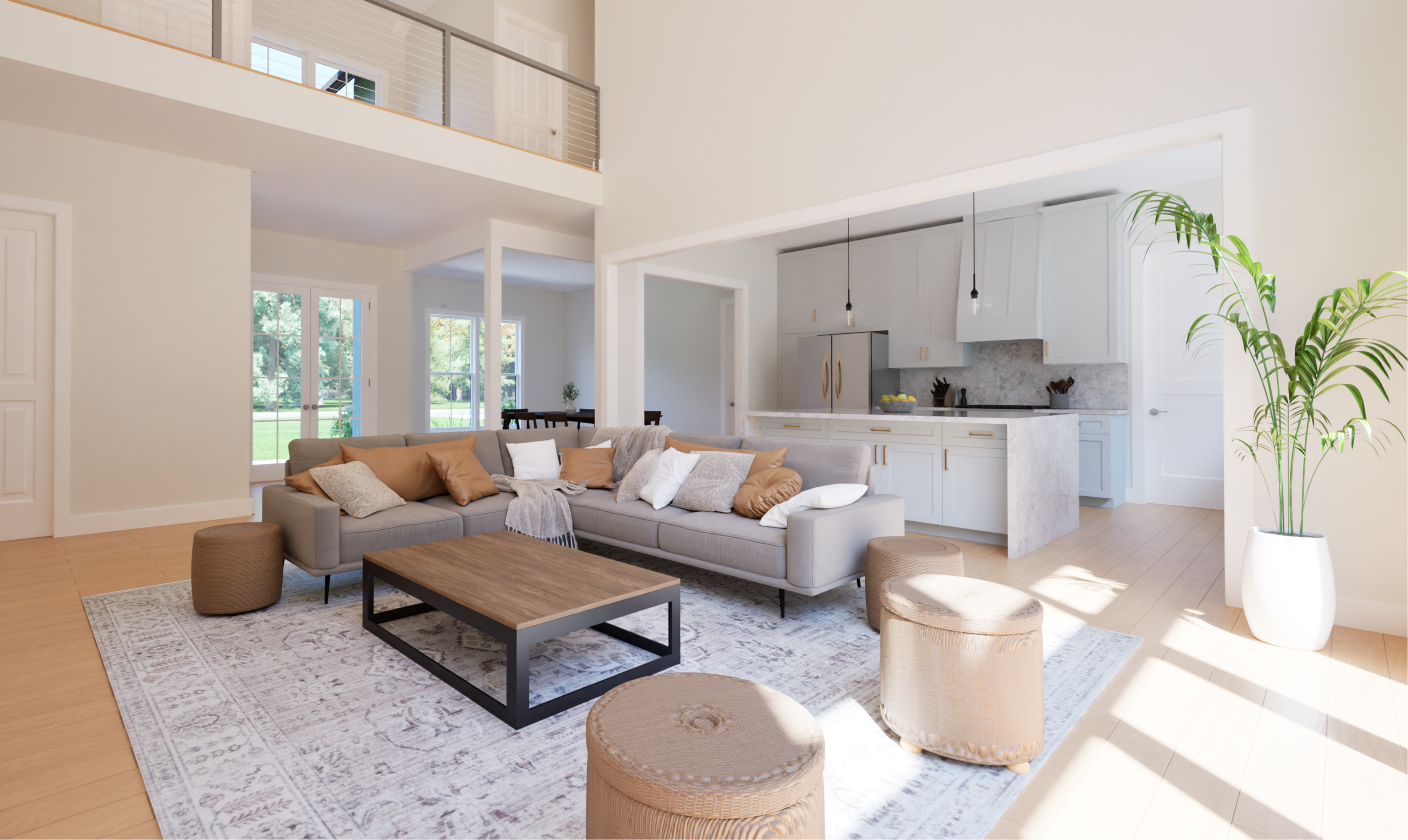 Modern living room with gray sofa, coffee table, and kitchen in the background.