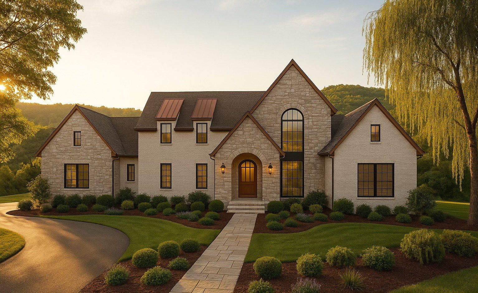 Beautiful stone and block custom home with high-end windows at sunset on a lot that backs up to tree covered hills.  Curated flowerbeds and manicured lawn.
This is an example of our custom home design, renderings, and architectural stock plans.