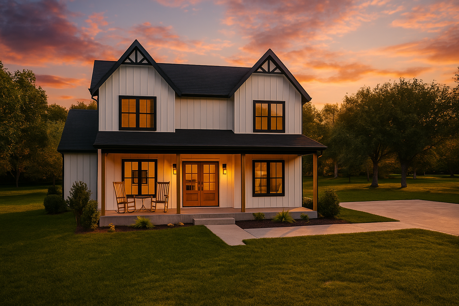 Farmhouse at sunset with a beautiful porch and double wood front doors. Rocking chairs on porch. Sidewalk and driveway. Great home plan illustrated in HD rendering.
