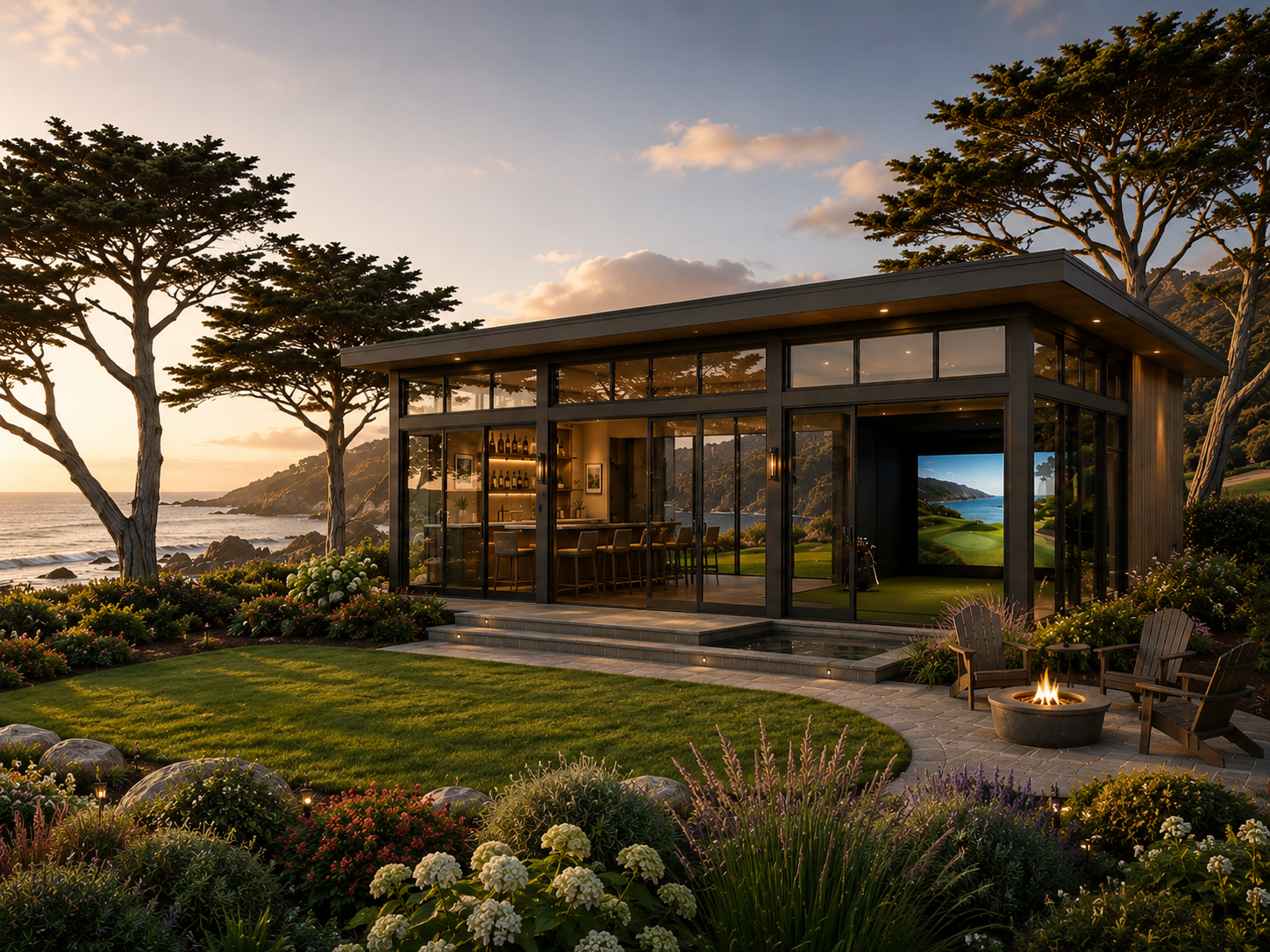 The Cypress coastal modern golf simulator clubhouse by Paragon